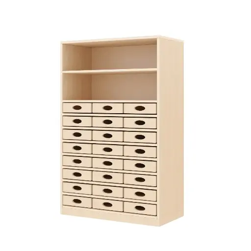 [110201-01] Regalschrank 120 cm - 24 Materialkästen, mit Holzsockel